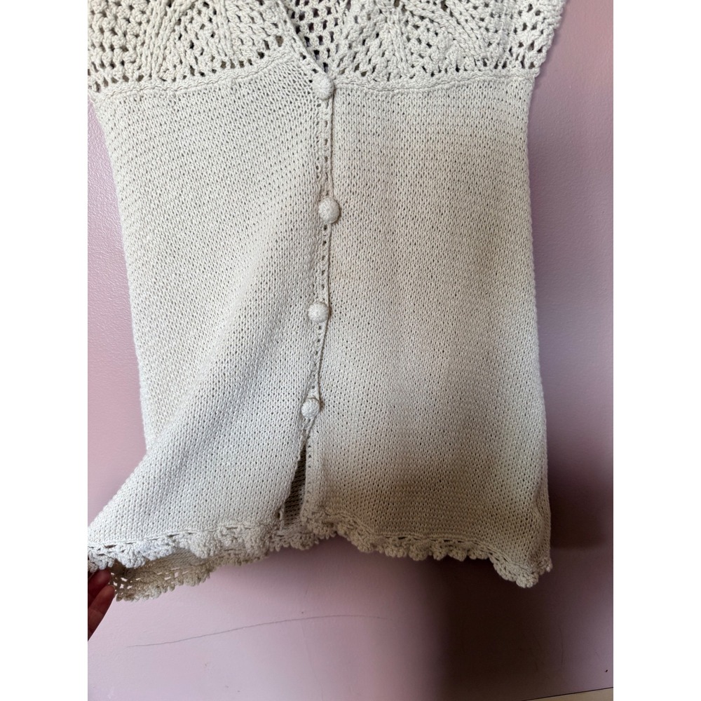 Sigrid Olsen Small Cream Crochet Cardigan Top Cap Sleeve Ramie Cotton Boho - Picture 2 of 11